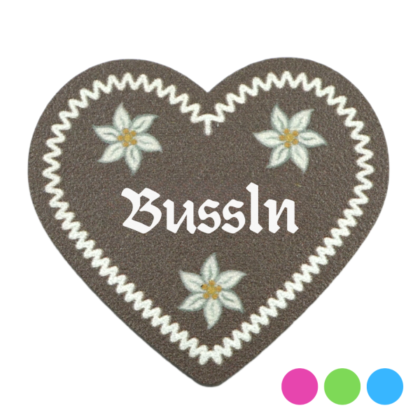 "Bussln-Anstecker in Lebkuchen-Optik - erhältlich bei Glubbal.shop"